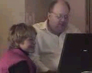 Stacy Young Brooks and Grady Ward, working on Bob Minton's speech at CULTInfo 1999. Picture is copyright 1999 CULTInfo.